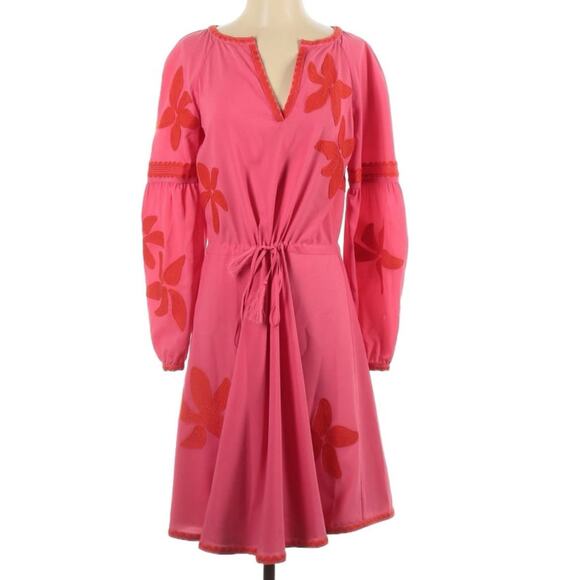 Tory Burch Sadie Tie Waist Embroidered Peasant Dress S Pink Orange - Picture 4 of 9